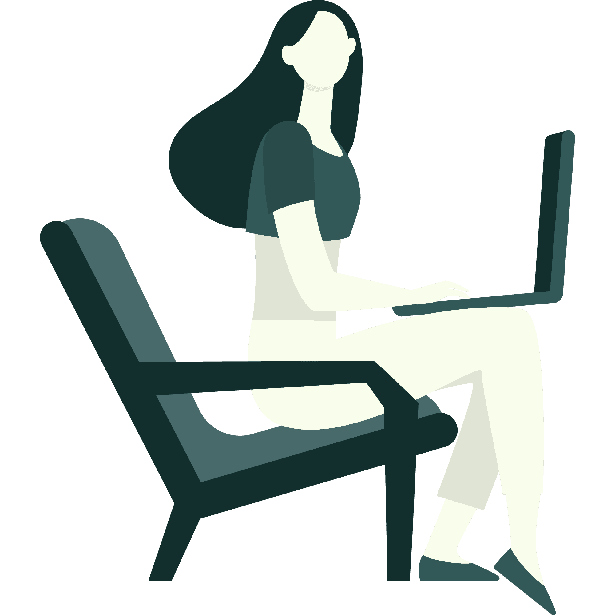 Illustration of a woman with long hair sitting on a chair using a laptop, focused and working comfortably.