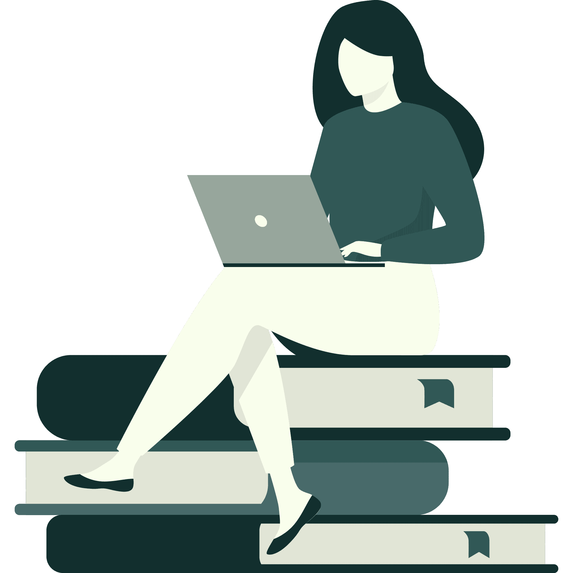 Illustration of a woman sitting on stacked books while using a laptop, symbolizing online learning or academic research.