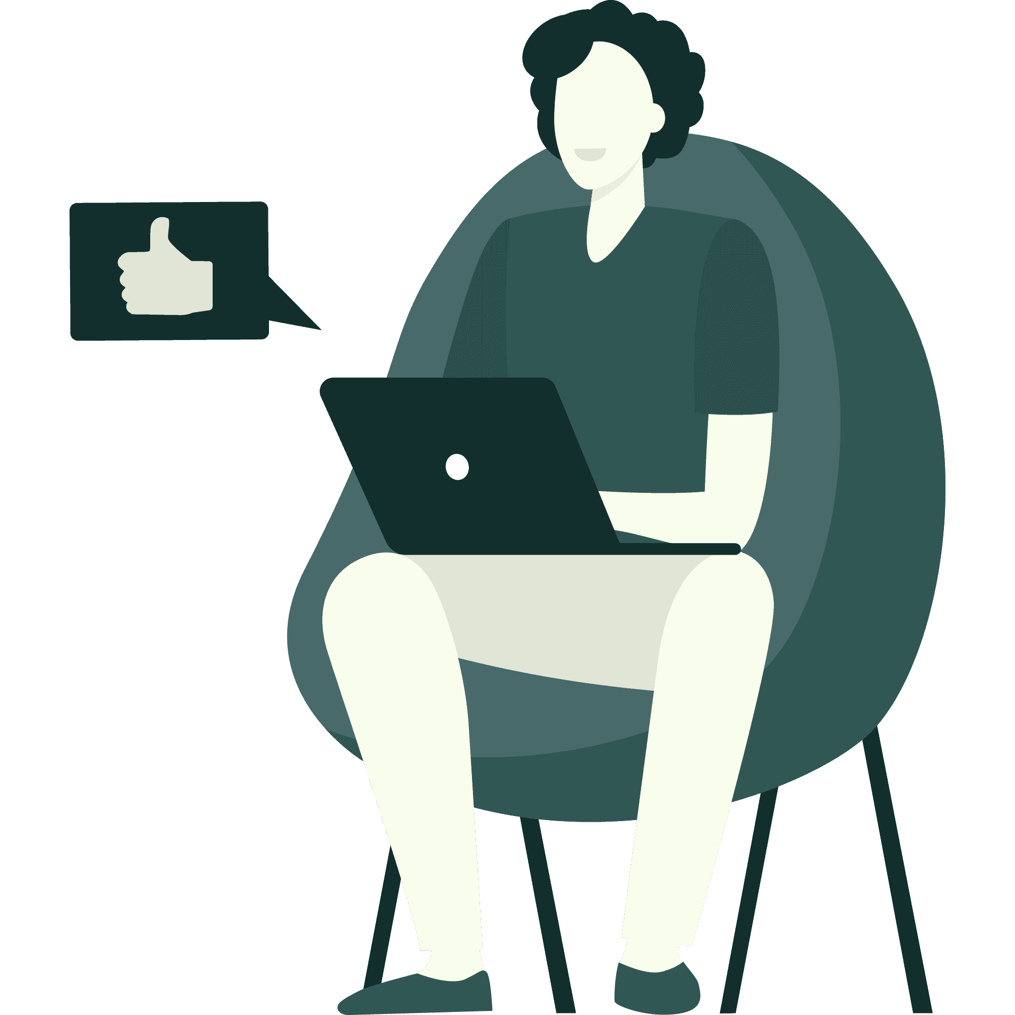 Illustration of a person sitting on a chair using a laptop, with a thumbs-up icon in a speech bubble nearby.