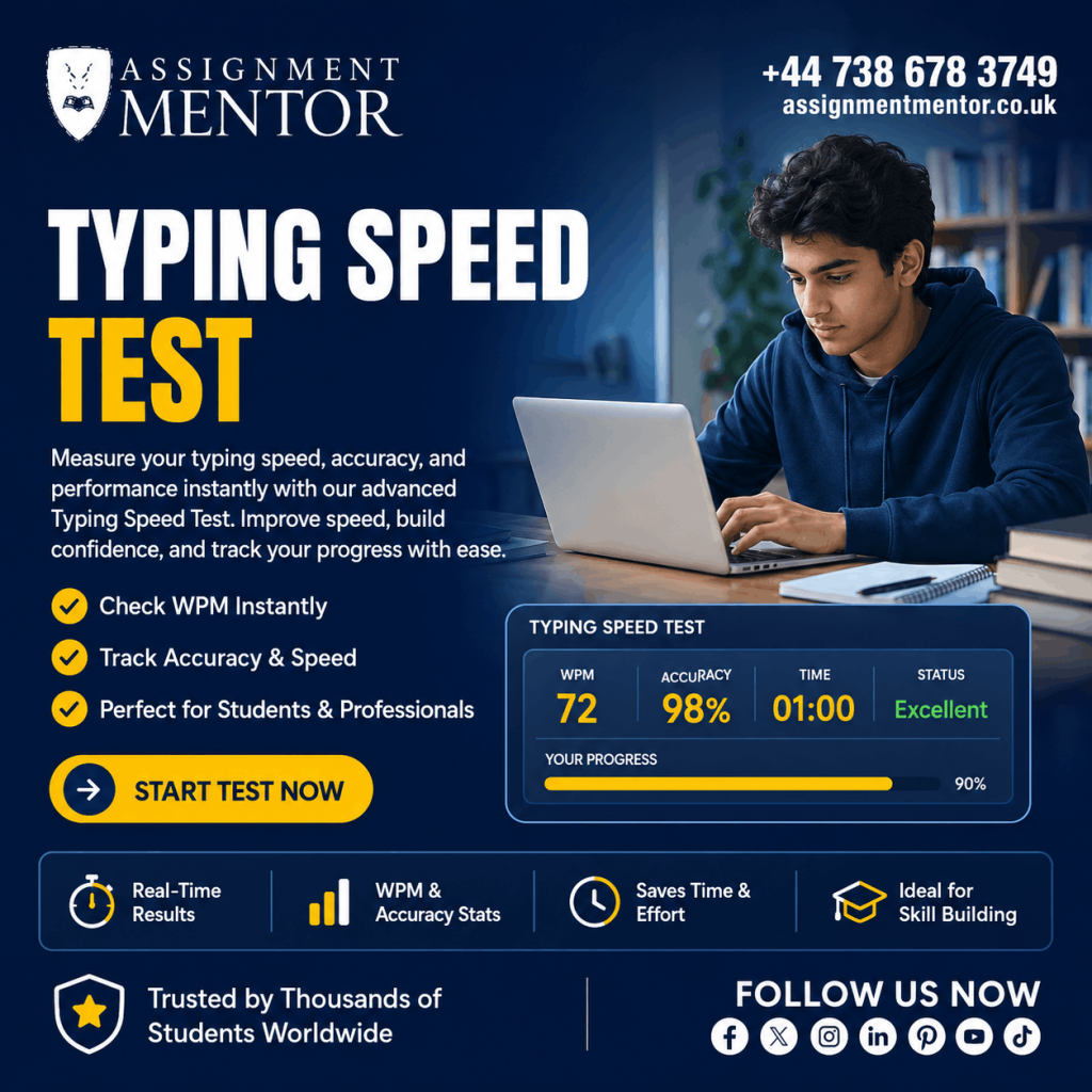Assignment Mentor Typing Speed Test measuring typing speed, accuracy, and WPM performance